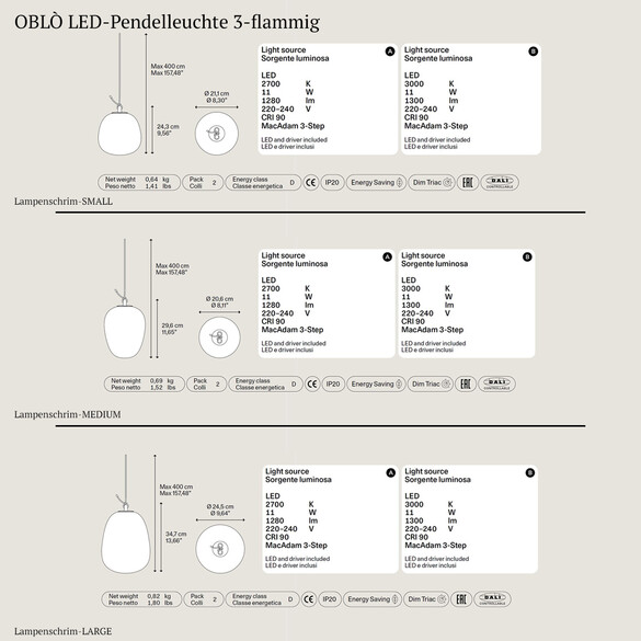 Lodes OBL LED-Pendelleuchte 3-flammig