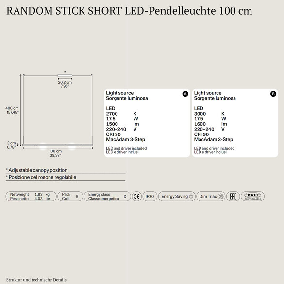 Lodes RANDOM STICK SHORT LED-Pendelleuchte 100 cm