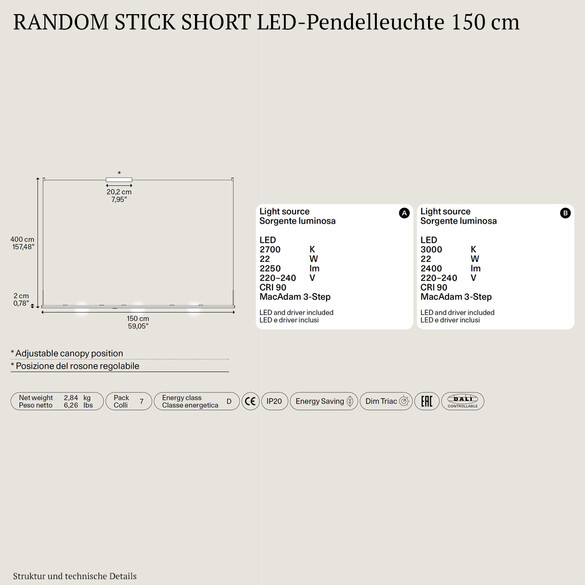 Lodes RANDOM STICK LONG LED-Pendelleuchte 150 cm