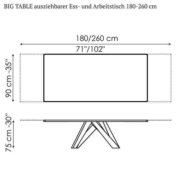 Bonaldo BIG TABLE ausziehbarer Ess- und Arbeitstisch 180-260 cm